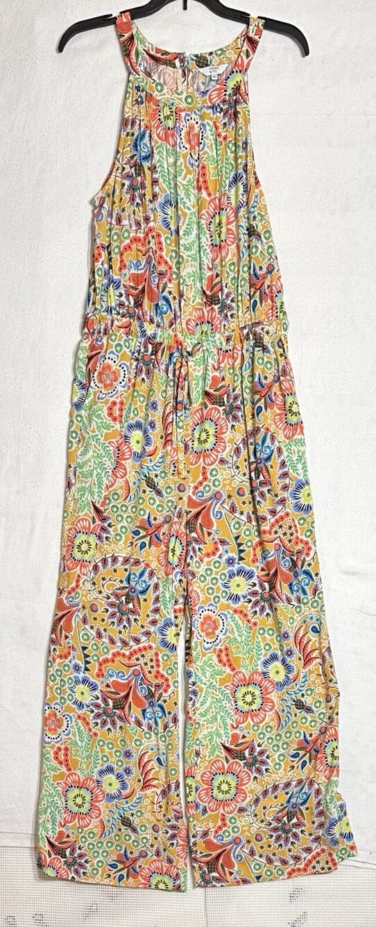 Crown & Ivy Jumpsuit Womens Size M Drawstring Waist Floral Summer Coastal Breezy